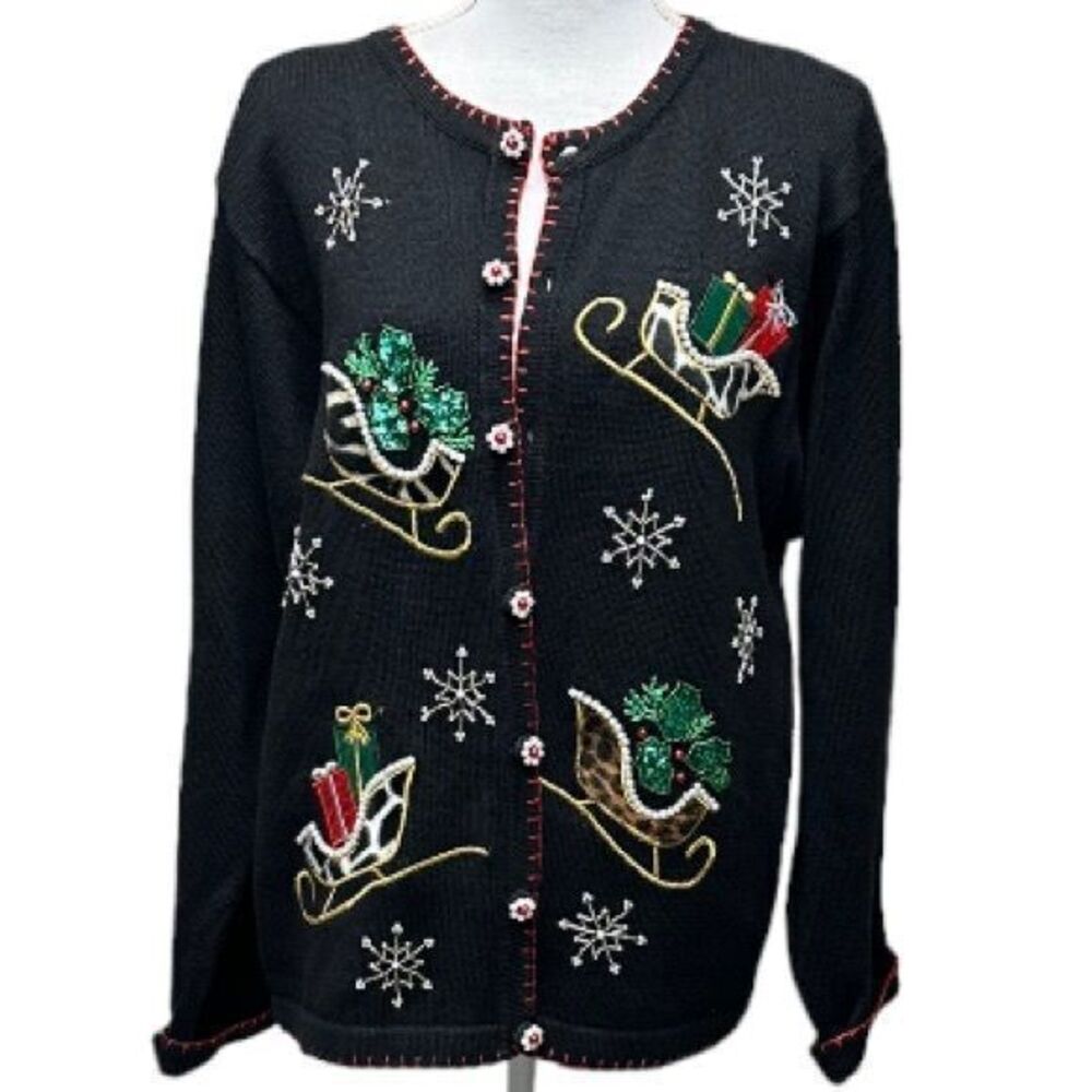 B.P. Designs Christmas Holiday Sweater Sleigh Sequins Snow Buttons Beads Size XL